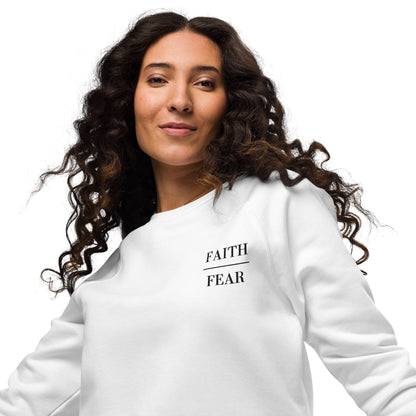 Embroidered FAITH over FEAR organic raglan sweatshirt (White)