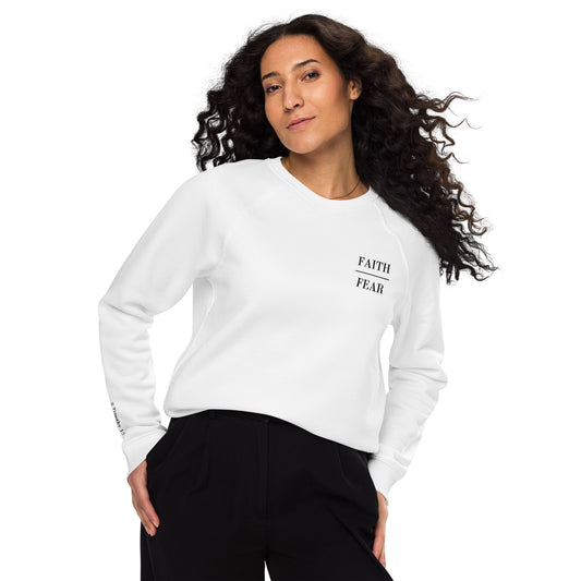 Embroidered FAITH over FEAR organic raglan sweatshirt (White)