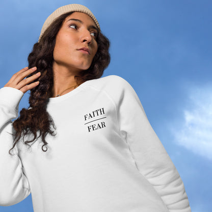 Embroidered FAITH over FEAR organic raglan sweatshirt (White)